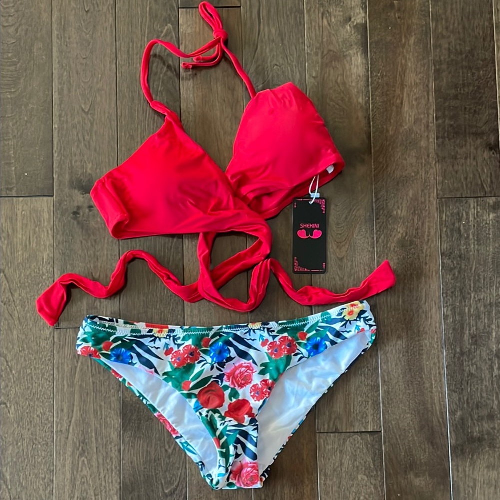 Shekini Red Push-Up Wrap Bikini Top with Floral Bottom